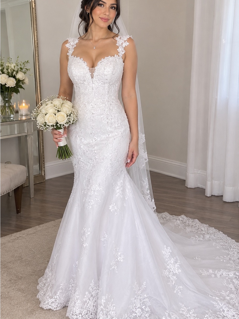 Ivory Lace Mermaid Wedding Dress with Floral Appliqué